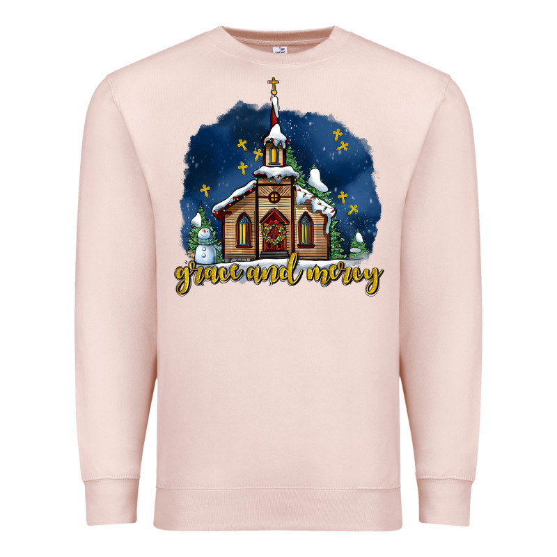 Christmas Church And Snow Grace And Mercy Premium Sweatshirt by AdoDesignShop | Teevron