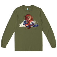 Army Green asian dragon and ocean waves Long Sleeve Tee - RanaPortraitStore
