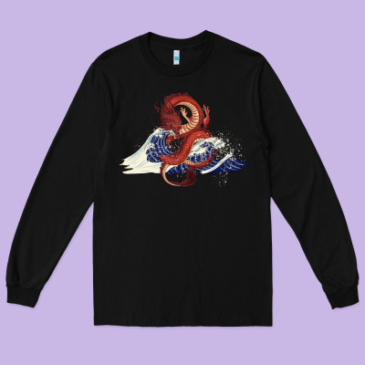 Long Sleeve Tee asian dragon and ocean waves