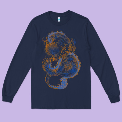Long Sleeve Tee blue and orange dragon