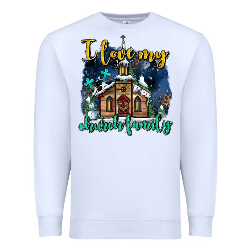 Christmas Church And Snow   ı Love My Church Family Premium Sweatshirt by AdoDesignShop | Teevron