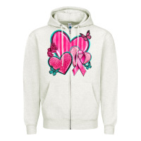Oatmeal Heather Breast Cancer Hearts Zipper Hoodie - texasbilliewilder