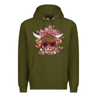 Army Green cow with flowers and butterflies Premium Hoodie - MaliasSmallBusiness