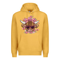Mustard cow with flowers and butterflies Premium Hoodie - MaliasSmallBusiness