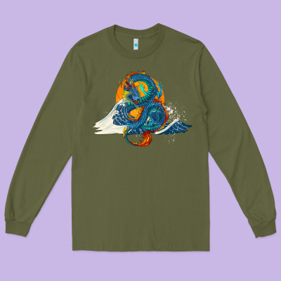Long Sleeve Tee blue dragon ocean waves and sun