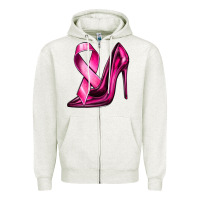 Oatmeal Heather Breast Cancer Ribbon and Heels Zipper Hoodie - texasbilliewilder