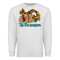 Oatmeal Heather tis the seasin with christmas cake abd jesus Premium Sweatshirt - AdoDesignShop