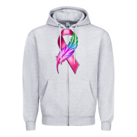 Heather Grey Breast Cancer Ribbon with Feather Zipper Hoodie - texasbilliewilder
