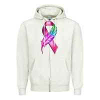 Oatmeal Heather Breast Cancer Ribbon with Feather Zipper Hoodie - texasbilliewilder