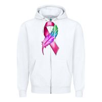 White Breast Cancer Ribbon with Feather Zipper Hoodie - texasbilliewilder