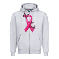 Heather Grey Breast Cancer Ribbon with Butterfly Zipper Hoodie - texasbilliewilder