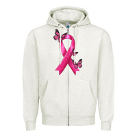 Oatmeal Heather Breast Cancer Ribbon with Butterfly Zipper Hoodie - texasbilliewilder