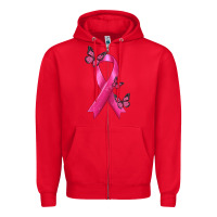 Red Breast Cancer Ribbon with Butterfly Zipper Hoodie - texasbilliewilder