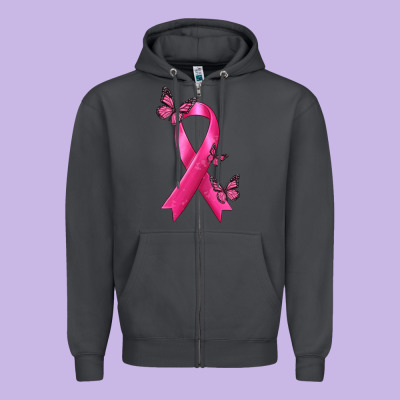 Breast Cancer Ribbon With Butterfly Zipper Hoodie Designed By Texasbilliewilder