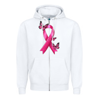 White Breast Cancer Ribbon with Butterfly Zipper Hoodie - texasbilliewilder