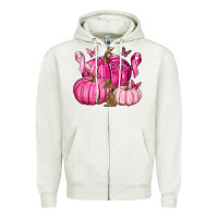 Oatmeal Heather Breast Cancer We Wear Pink with Pumpkin and Ribbon Zipper Hoodie - texasbilliewilder