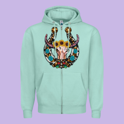 Western Horseshoe Skull Zipper Hoodie Designed By Ranaportraitstore