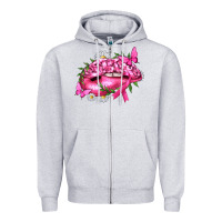 Heather Grey Breast Cancer with Ribbon Pink Lips Zipper Hoodie - texasbilliewilder