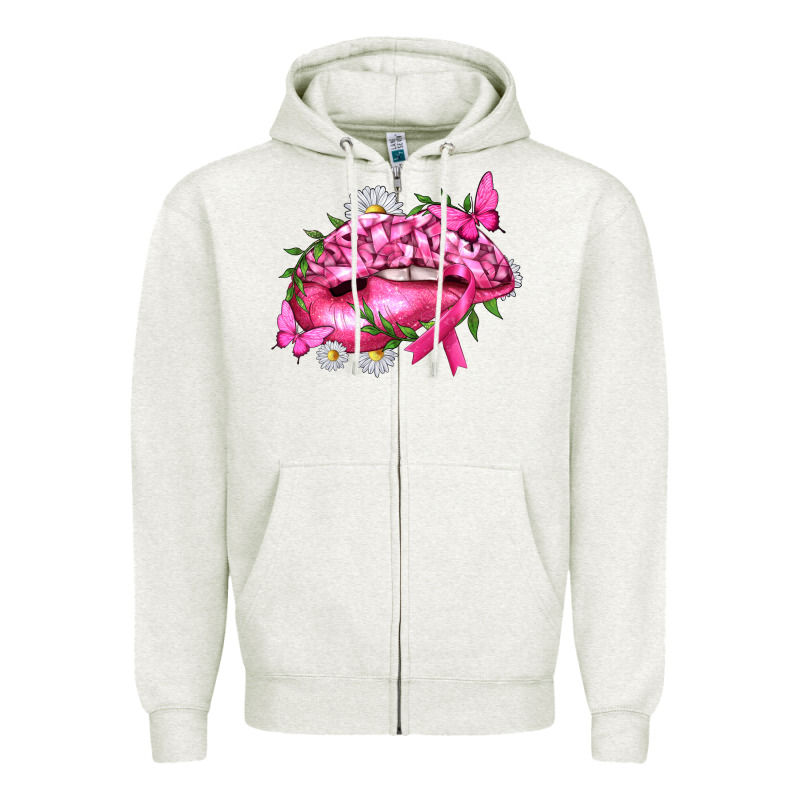 Breast Cancer With Ribbon Pink Lips Zipper Hoodie by texasbilliewilder | Teevron