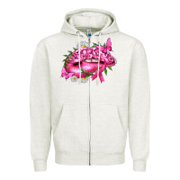 Oatmeal Heather Breast Cancer with Ribbon Pink Lips Zipper Hoodie - texasbilliewilder