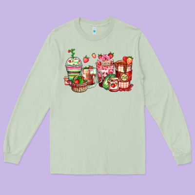 Long Sleeve Tee strawberry farm fresh coffee cups