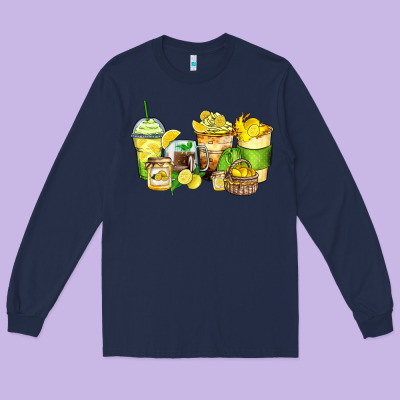 Long Sleeve Tee lemon farm fresh coffee cups