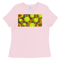 Bubblegum Pink tennis ball with sunflower and racket  licence plato Ladies Tee - BarkalooDesign
