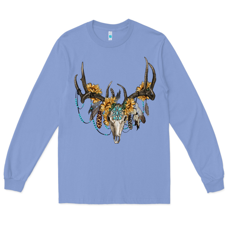 Boho Deer Skull Sunflowers And Gemstone Long Sleeve Tee by RanaPortraitStore | Teevron