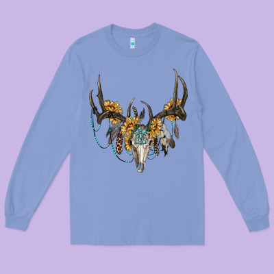 Long Sleeve Tee Boho Deer Skull Sunflowers And Gemstone