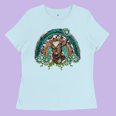 Turquoise Gemstones Brown Baby Cow  Rainbow Ladies Tee Designed By Barkaloodesign