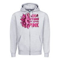 Heather Grey In October We Wear Pink Sunflower Zipper Hoodie - texasbilliewilder