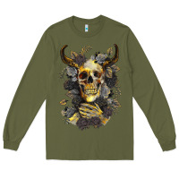 Army Green Bull Human Skull With Gold Roses Long Sleeve Tee - RanaPortraitStore