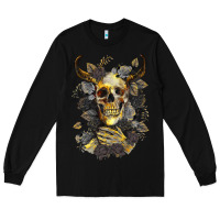 Black Bull Human Skull With Gold Roses Long Sleeve Tee - RanaPortraitStore