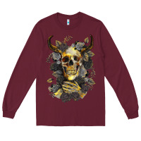 Burgundy Bull Human Skull With Gold Roses Long Sleeve Tee - RanaPortraitStore