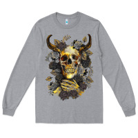 Heather Grey Bull Human Skull With Gold Roses Long Sleeve Tee - RanaPortraitStore