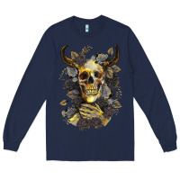Navy Bull Human Skull With Gold Roses Long Sleeve Tee - RanaPortraitStore