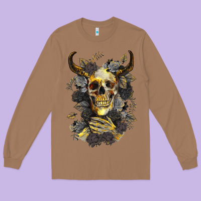 Long Sleeve Tee Bull Human Skull With Gold Roses