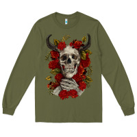 Army Green Bull Human Skull With Roses Long Sleeve Tee - RanaPortraitStore