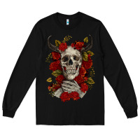 Black Bull Human Skull With Roses Long Sleeve Tee - RanaPortraitStore