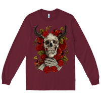 Burgundy Bull Human Skull With Roses Long Sleeve Tee - RanaPortraitStore
