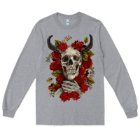Heather Grey Bull Human Skull With Roses Long Sleeve Tee - RanaPortraitStore