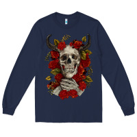 Navy Bull Human Skull With Roses Long Sleeve Tee - RanaPortraitStore