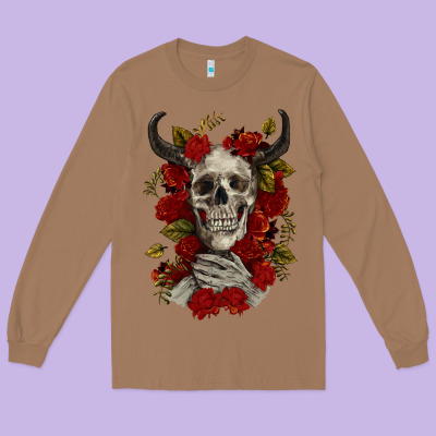 Long Sleeve Tee Bull Human Skull With Roses