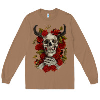 Toasted Coconut Bull Human Skull With Roses Long Sleeve Tee - RanaPortraitStore