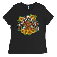 Black scottish calf sunflowers rainbow Ladies Tee - BarkalooDesign