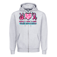 Heather Grey Peace Love Cure Breast Cancer Awareness Zipper Hoodie - texasbilliewilder