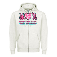 Oatmeal Heather Peace Love Cure Breast Cancer Awareness Zipper Hoodie - texasbilliewilder