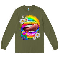 Army Green rainbow lips with daisies Long Sleeve Tee - texasbilliewilder