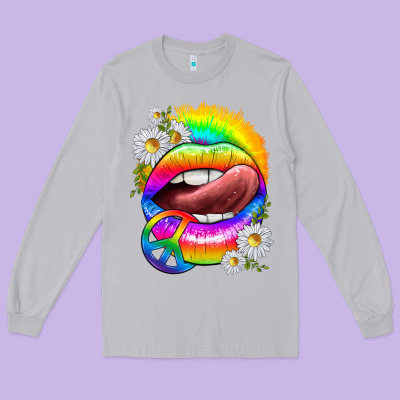 Long Sleeve Tee rainbow lips with daisies