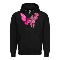 Black Pink Flowers and Breast Cancer Ribbon Butterfly Zipper Hoodie - texasbilliewilder